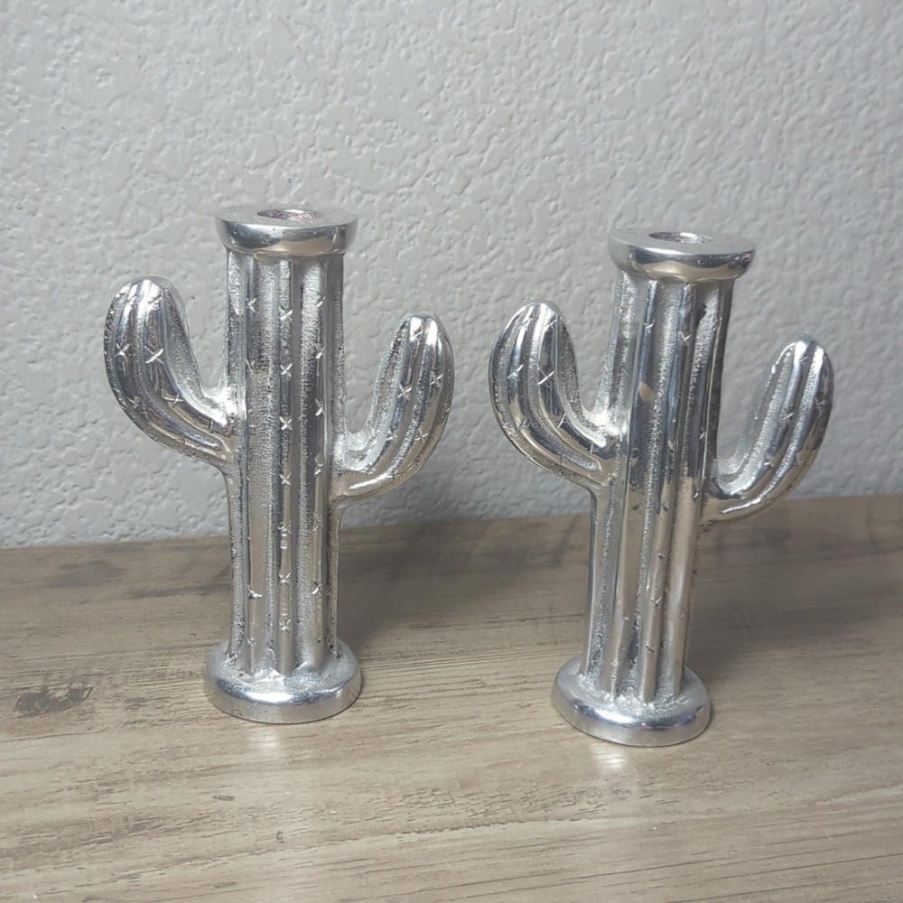 Vintage Silver Tone Cactus Candle Holders Pair Southwest Desert Decor Boho